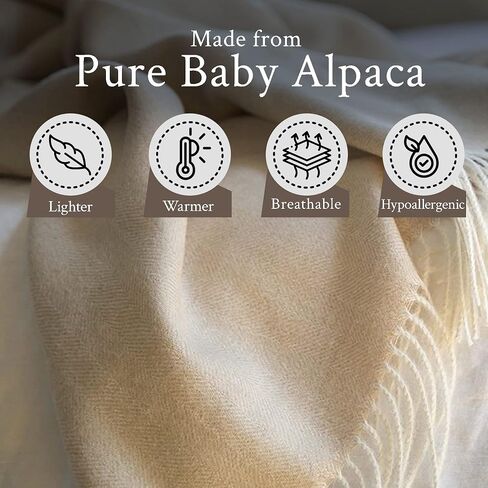 Lightweight Throw Blanket - 100% Baby Alpaca Wool Herringbone Weave - Ethically Sourced - Gentle on Skin - Softer and Warmer Than Wool - Limited Production - Off-White/Cream in Saudi Arabia