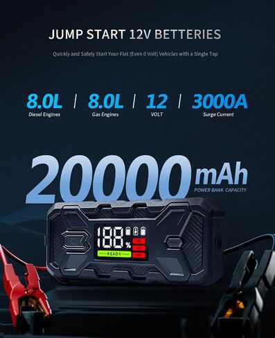 Car Jump Starter 3000A Portable: 12V Jump Start Battery Pack for 8.0L Gas/Diesel Engines, Car Battery Jumper Starter with PD65W Fast Charge, Smart Jumper Cable for Safety, 3 Emergency LED Lights Kit in Saudi Arabia