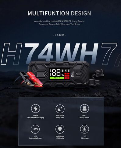 Car Jump Starter 3000A Portable: 12V Jump Start Battery Pack for 8.0L Gas/Diesel Engines, Car Battery Jumper Starter with PD65W Fast Charge, Smart Jumper Cable for Safety, 3 Emergency LED Lights Kit in Saudi Arabia