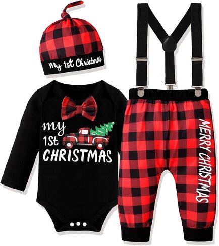 My First Christmas Baby Boy Outfit Gentleman Romper Suspender Pants with Hat 3PCS Christmas Clothes 0-12 Months in Saudi Arabia