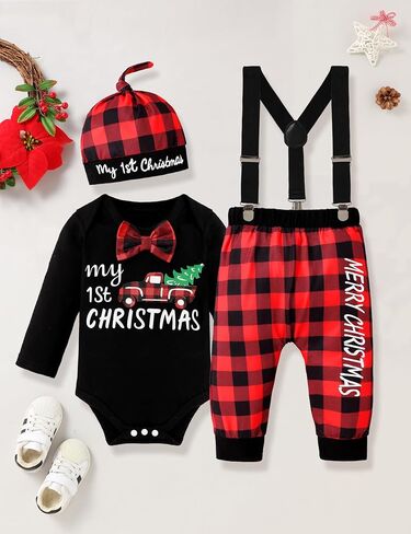 My First Christmas Baby Boy Outfit Gentleman Romper Suspender Pants with Hat 3PCS Christmas Clothes 0-12 Months in Saudi Arabia