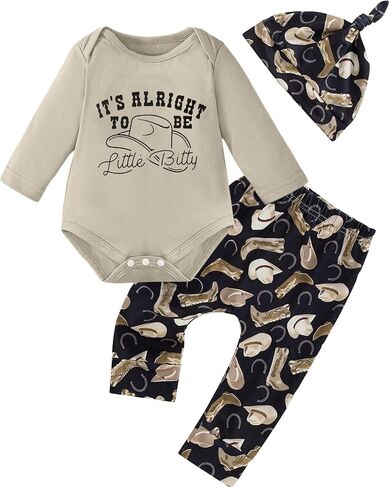 Newborn Baby Boy Western Outfits - Country Cowboy Hat Print Romper Pants with Hat Fall Winter Infant Clothes Set in Saudi Arabia