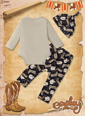 Newborn Baby Boy Western Outfits - Country Cowboy Hat Print Romper Pants with Hat Fall Winter Infant Clothes Set in Saudi Arabia