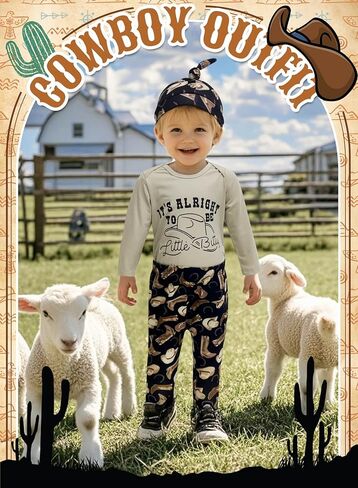Newborn Baby Boy Western Outfits - Country Cowboy Hat Print Romper Pants with Hat Fall Winter Infant Clothes Set in Saudi Arabia