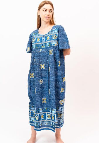 Loungees Short Sleeve Blue Border Print Cotton Lounge Dress | 3 Button Bib Yoke in Kuwait