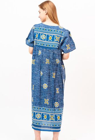 Loungees Short Sleeve Blue Border Print Cotton Lounge Dress | 3 Button Bib Yoke in Kuwait