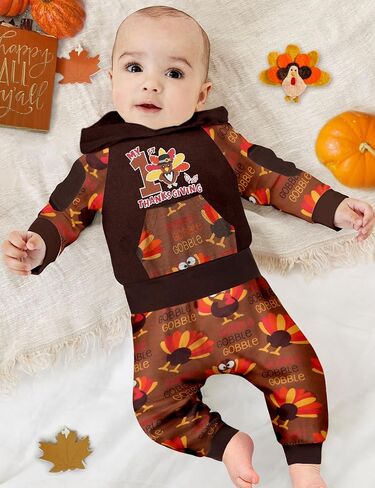 Thanksgiving Baby Boy Outfit Long Sleeve Hoodie Patchwork Romper Turkey Pants Thanksgiving Outfit Set in Saudi Arabia
