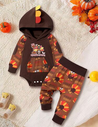 Thanksgiving Baby Boy Outfit Long Sleeve Hoodie Patchwork Romper Turkey Pants Thanksgiving Outfit Set in Saudi Arabia