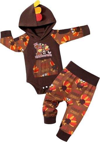 Thanksgiving Baby Boy Outfit Long Sleeve Hoodie Patchwork Romper Turkey Pants Thanksgiving Outfit Set in Saudi Arabia