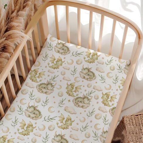 Dragons Crib Sheets, Dragons Clouds Moon Stars Fitted Crib Sheet for Standard Crib and Stroller Mattress, Unisex Dragons Leaves Eggs Print Mattress Sheet for Baby Boys Girls-28 * 52 in Saudi Arabia