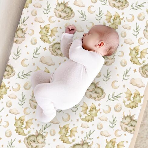 Dragons Crib Sheets, Dragons Clouds Moon Stars Fitted Crib Sheet for Standard Crib and Stroller Mattress, Unisex Dragons Leaves Eggs Print Mattress Sheet for Baby Boys Girls-28 * 52 in Saudi Arabia