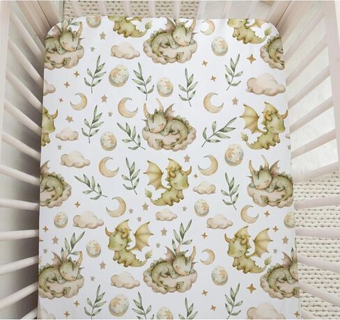 Dragons Crib Sheets, Dragons Clouds Moon Stars Fitted Crib Sheet for Standard Crib and Stroller Mattress, Unisex Dragons Leaves Eggs Print Mattress Sheet for Baby Boys Girls-28 * 52 in Saudi Arabia