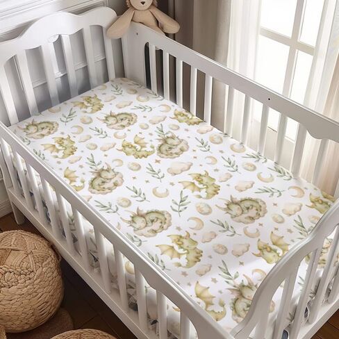 Dragons Crib Sheets, Dragons Clouds Moon Stars Fitted Crib Sheet for Standard Crib and Stroller Mattress, Unisex Dragons Leaves Eggs Print Mattress Sheet for Baby Boys Girls-28 * 52 in Saudi Arabia