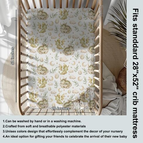 Dragons Crib Sheets, Dragons Clouds Moon Stars Fitted Crib Sheet for Standard Crib and Stroller Mattress, Unisex Dragons Leaves Eggs Print Mattress Sheet for Baby Boys Girls-28 * 52 in Saudi Arabia