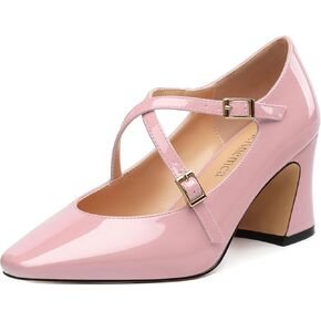 Women's Mid Chunky High Heels Closed Square Toe Patent Pumps Cross Strap Heels Evening Party Dress Shoes 2.5IN