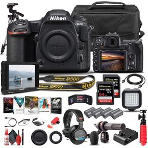 Nikon D500 DSLR Camera (Body Only) (1559) + 4K Monitor + Headphones + Pro Mic + 2 x 64GB Memory Card + Case + Corel Photo Software + Pro Tripod + 3 x EN-EL 15 Battery + Card Reader + More (Renewed)