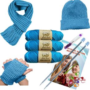 Knitting Kit for Beginners Adults & Kids, Learn to Knit Complete Knitting Starter Kit with Instruction Booklet, Wool Yarn, Stainless Steel Knitting Needles & Stitch Markers Hobby Kit (Blue)