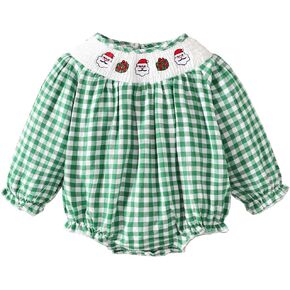 Willow Dance Newborn Baby Girl Christmas Outfit Embroidery Santa Gingerbread Plaid Bubble Romper Puff Sleeve Smocked Bodysuit