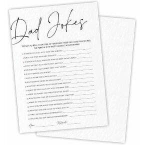 Baby Shower Game Cards Kit - Dad Jokes - 30 Minimalism White Calligraphy Fill In Style Game Cards For Baby Announcement, Gender Reveal, Game For New Parents To Be, Party Favor & Supplies - B04