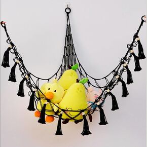Cotton Stuffed Animal Toy Hammock Hanging，Macrame Toy Hammock with Tassels，Boho Decor Room Holder，Black, Large, 53x41x41 inches
