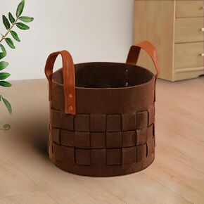 Storage Baskets for Shelves 3 Pack, Medium 11" x11 " x9.5" Round Decorative Storage Basket Felt with Leather Handle, Soft Clothes Basket for Socks, Neckties Organizer-Brown