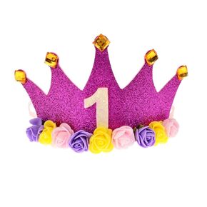 June Bloomy Baby Girls 1st Birthday Crown Rose Flower Headband Golden Tiara First Birthday Hat Photo Prop (Golden 1)