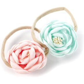 My Lello Baby Girl Ranunculus Flower Stretchy Nylon Elastic Headbands Set 2pcs