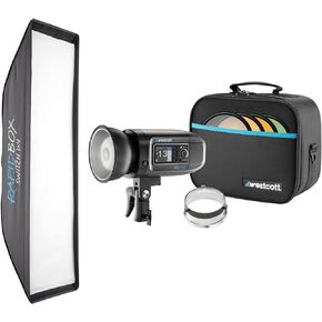 Westcott FJ400 400Ws Strobe مع حزمة بطارية ليثيوم بوليمر AC وDC مع شريط تبديل الصندوق السريع Westcott 1x4-Feet Softbox وWestcott Rapid Box وإدراج مفتاح طبق التجميل (3 عناصر) in Saudi Arabia