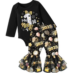 New Years Baby Girl Outfit, My 1st New Years Letter Print Long Sleeve Romper and Flared Pants 2PCS New Years Eve Outfit