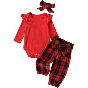pengnight Infant Baby Girls Christmas Outfit Long Sleeves Ribbed Romper Plaid Pants Matching Headband 3Pcs Clothes Set