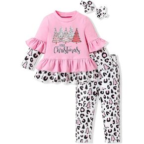 Christmas Clothes Toddler Girl Christmas Tree Ruffle Top Leopard Print Pants with Headband Christmas Baby Girl Outfit