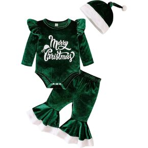 Kunyeah 3PCS Baby Girl Christmas Outfits My 1st Christmas Clothes Infant Velvet Romper Tops+Bell Bottoms Pants +Xmas Hat