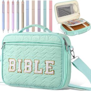 Lincia Quilted Cotton Bible Cover Case for Women Chenille Letter Carrying Book Case Aesthetics Bible Organizer 10 Highlighters and Pens with Detachable Shoulder Strap Church Study Supplies