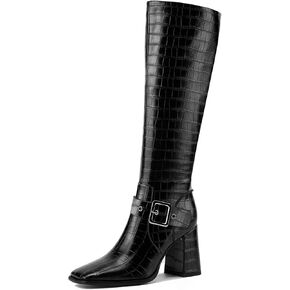 Women's Knee Boots Go Go Boots Black Buckle Leather Boots Wide Calf Slope Heel Boots Side Zipper Tall Boots