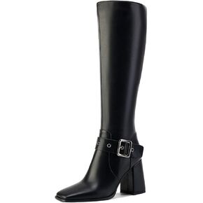 Women's Knee Boots Go Go Boots Black Buckle Leather Boots Wide Calf Slope Heel Boots Side Zipper Tall Boots