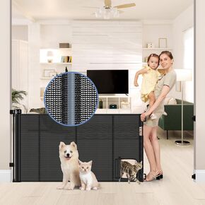 Reinforced 60" Retractable Baby Gate with Cat Door Gates for Pets Retractable Pet Gate Indoor Dog Gate with Cat Door Mesh Baby Gate Retractable Gate Outdoor Retractable Baby Gates for Doorways, Black
