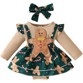 Baby Girl Christmas Clothes Gingerbread Santa Claus Romper Ruffle Long Sleeve Knit Bodysuit Dress Fall Winter Outfit