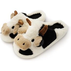 Cow Slippers for Women, Men Cute Animal Fuzzy Slippers, Cotton Plush Winter Indoor Outdoor Soft Cozy Slides for Bedroom Living Room House
