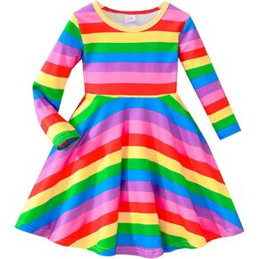 Tkria Toddler Girls Swing Dress Baby Girl Rainbow Dress Striped Fall Dress Cartoon Colourful Long Sleeve Casual Dressy 2-7T