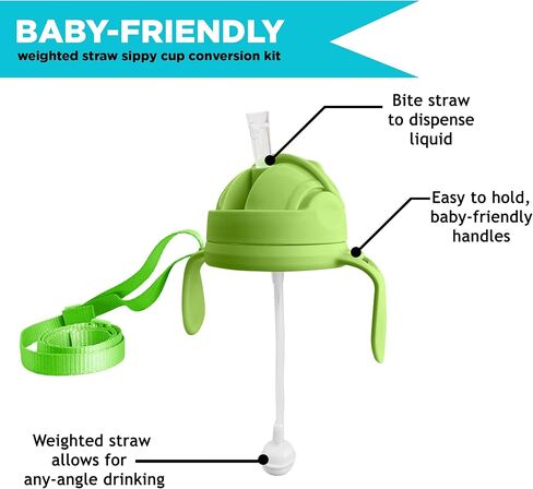 Botabee 3-in-1 Weighted Straw Sippy Cup Conversion Kit for Comotomo Baby Bottles | Compatible with Comotomo 5 Ounce & 8 Ounce Bottles | Versatile Leak-Proof Lid | Easy to Clean - Green (2 Pack) in Saudi Arabia