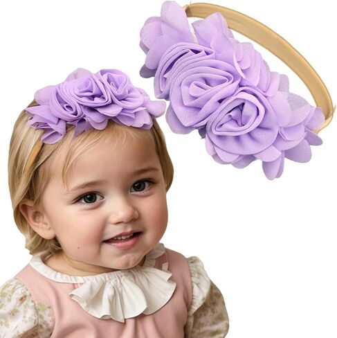Stretchy Baby Girl Headbands Chiffon Rose Flower Soft Hairbands Nylon Elastic Floral Head Band Hair Accessories for Newborn Toddlers Infant Kids (Purple, Standard small) in Saudi Arabia