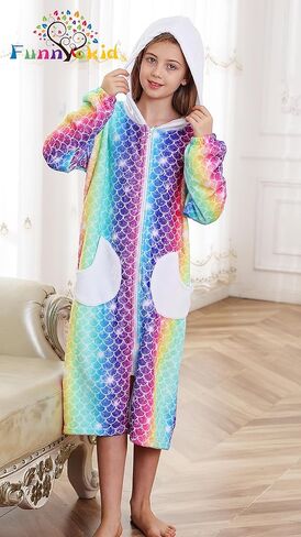 Funnycokid Girls Robe Kids Hooded Bathrobe Zip Fleece Fuzzy Soft Pajamas Plush Sleepwear 4-14 Years in Kuwait