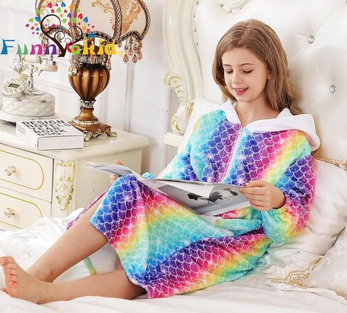 Funnycokid Girls Robe Kids Hooded Bathrobe Zip Fleece Fuzzy Soft Pajamas Plush Sleepwear 4-14 Years in Kuwait