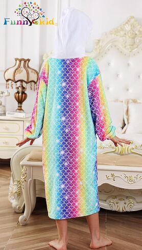 Funnycokid Girls Robe Kids Hooded Bathrobe Zip Fleece Fuzzy Soft Pajamas Plush Sleepwear 4-14 Years in Kuwait