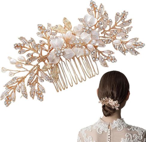حجر الراين اليدوية الزفاف الشعر مشط ورقة الزفاف أغطية الرأس لؤلؤة الزفاف الذهب الجانب أمشاط للنساء الفتيات الزفاف وصيفه الشرف الشعر مشط الزفاف حفلة موسيقية عيد ميلاد حزب إكسسوارات الشعر (الذهب) in Kuwait