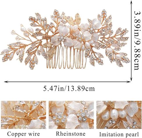 حجر الراين اليدوية الزفاف الشعر مشط ورقة الزفاف أغطية الرأس لؤلؤة الزفاف الذهب الجانب أمشاط للنساء الفتيات الزفاف وصيفه الشرف الشعر مشط الزفاف حفلة موسيقية عيد ميلاد حزب إكسسوارات الشعر (الذهب) in Kuwait