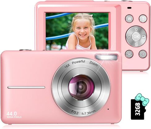 Digital Camera, 2024 Newest FHD 1080P Digital Camera for Kids with 16X Zoom, Flashlight, 32GB Card, 44MP Point and Shoot Camera Compact Small Digital Camera for Teens, Girls, Boys, Students - Pink in Saudi Arabia