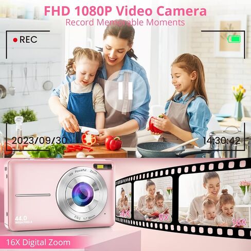 Digital Camera, 2024 Newest FHD 1080P Digital Camera for Kids with 16X Zoom, Flashlight, 32GB Card, 44MP Point and Shoot Camera Compact Small Digital Camera for Teens, Girls, Boys, Students - Pink in Saudi Arabia