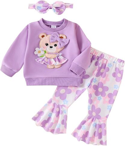 Madjtlqy Toddler Girl Clothes Long Sleeve Crewneck Sweatshirts Flare Pants Headband Cute Infant Baby Fall Winter Outfits in Saudi Arabia