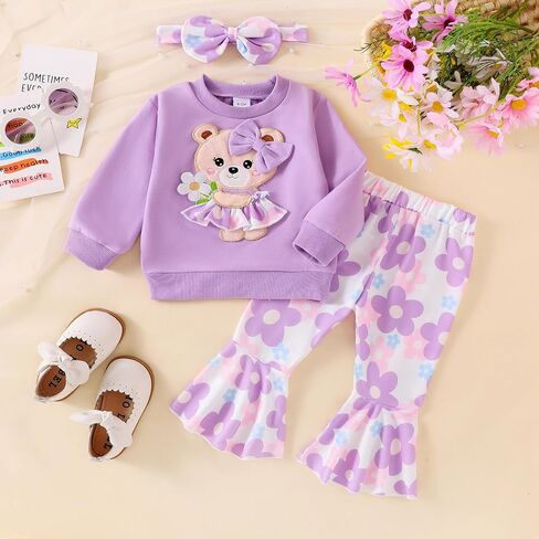 Madjtlqy Toddler Girl Clothes Long Sleeve Crewneck Sweatshirts Flare Pants Headband Cute Infant Baby Fall Winter Outfits in Saudi Arabia